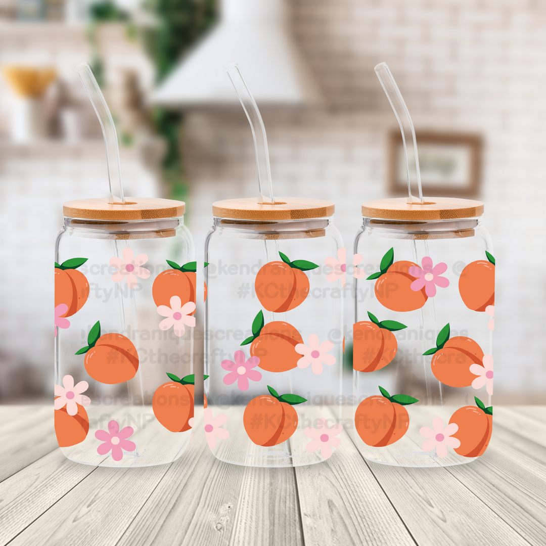 16 oz glass can with bamboo lid and straw-Peach