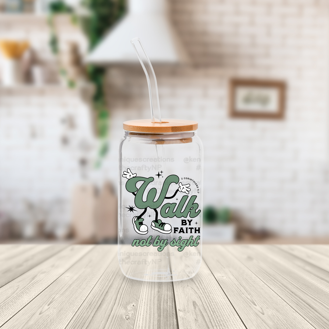 16 oz glass can with bamboo lid and straw-Walk by faith, not by sight