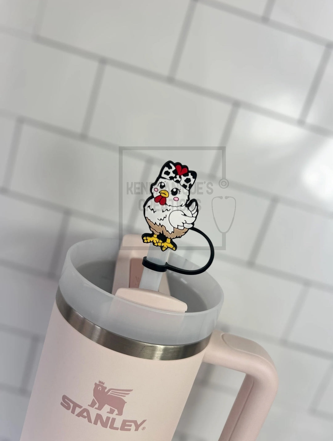 Straw toppers-Chicken with cow print bow