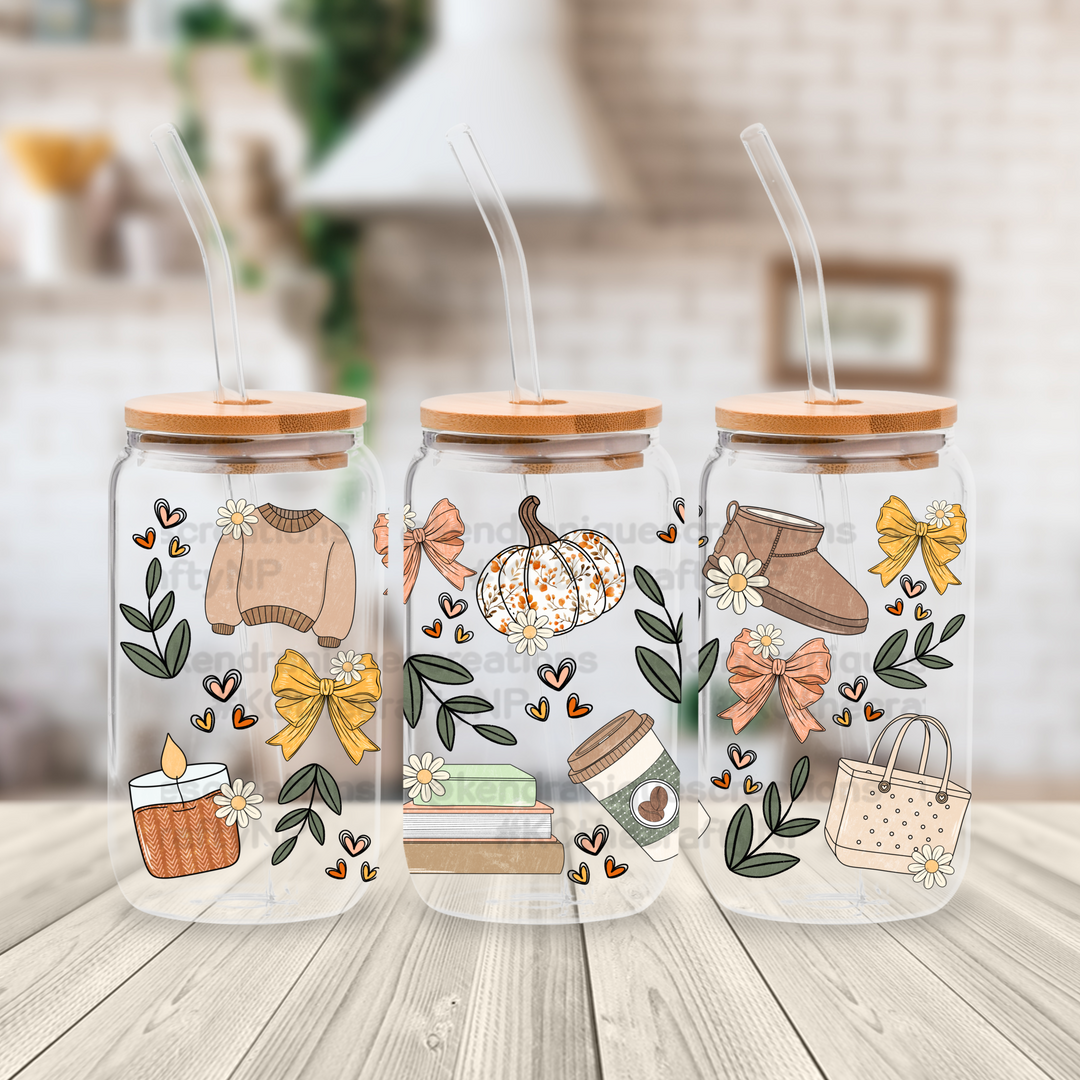 16 oz glass can with bamboo lid and straw-Girly Fall (wrap)