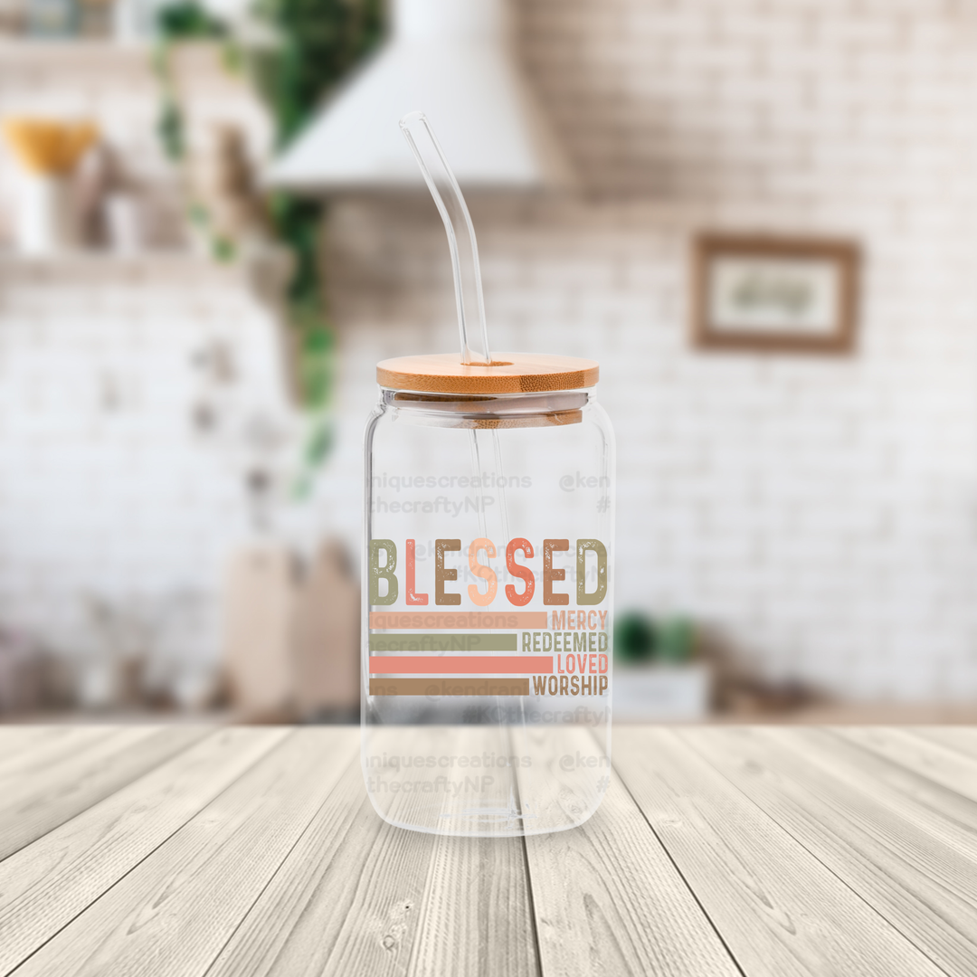 16 oz glass can with bamboo lid and straw-Blessed, mercy, redeemed, loved, worship