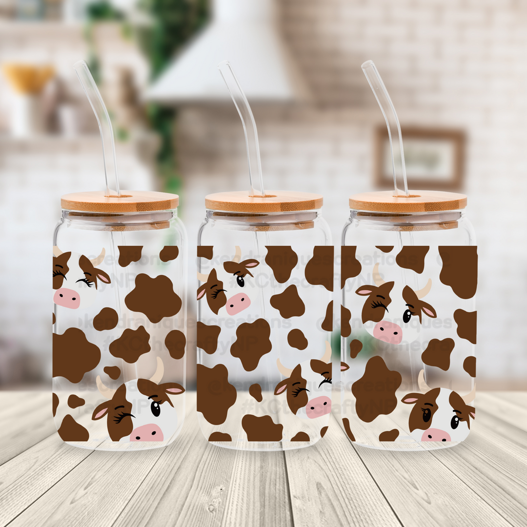 16 oz glass can with bamboo lid and straw-Chocolate Cow