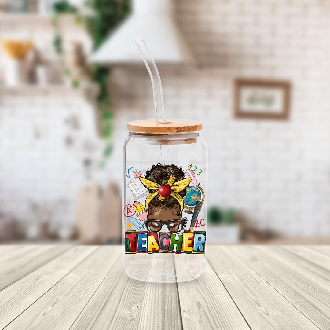 16 oz glass can with bamboo lid and straw-Teacher (Puff ponytail)