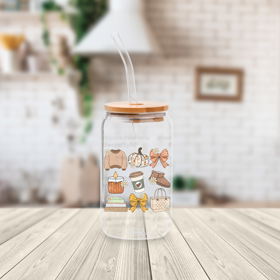 16 oz glass can with bamboo lid and straw-Girly Fall (decal)