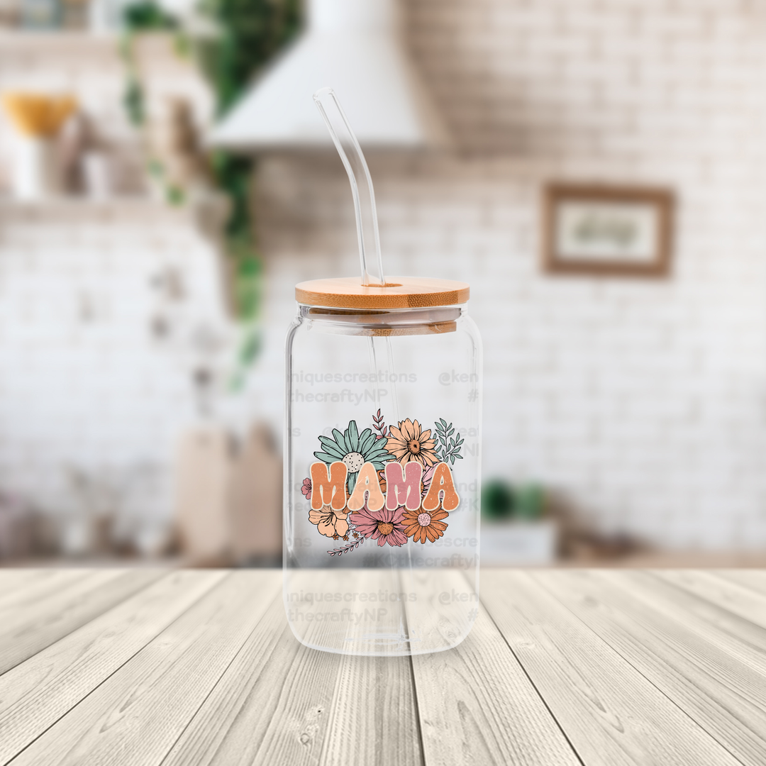16 oz glass can with bamboo lid and straw-Retro Mama