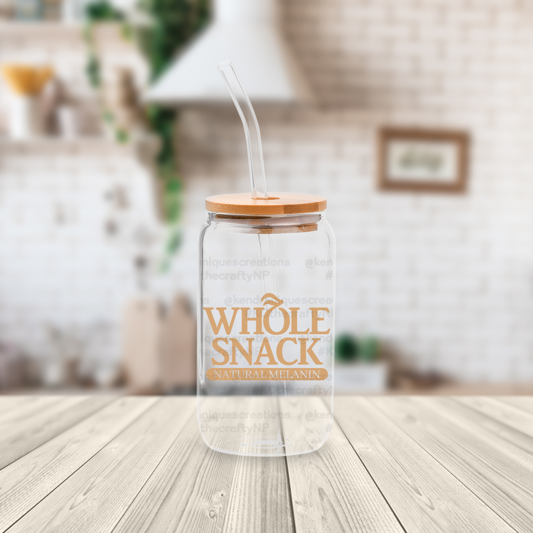 16 oz glass can with bamboo lid and straw-Whole snack, natural melanin