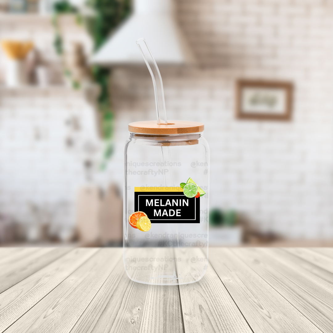 16 oz glass can with bamboo lid and straw-Citrus Melanin Made