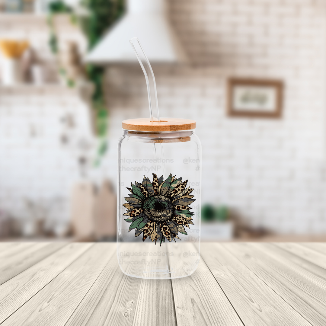 16 oz glass can with bamboo lid and straw-Sunflower (Olive)