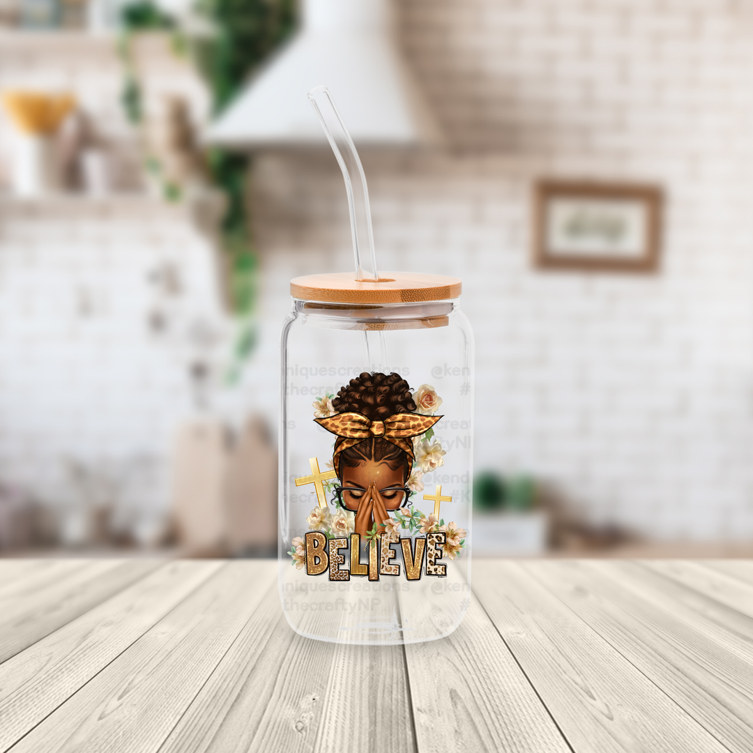 16 oz glass can with bamboo lid and straw-Believe