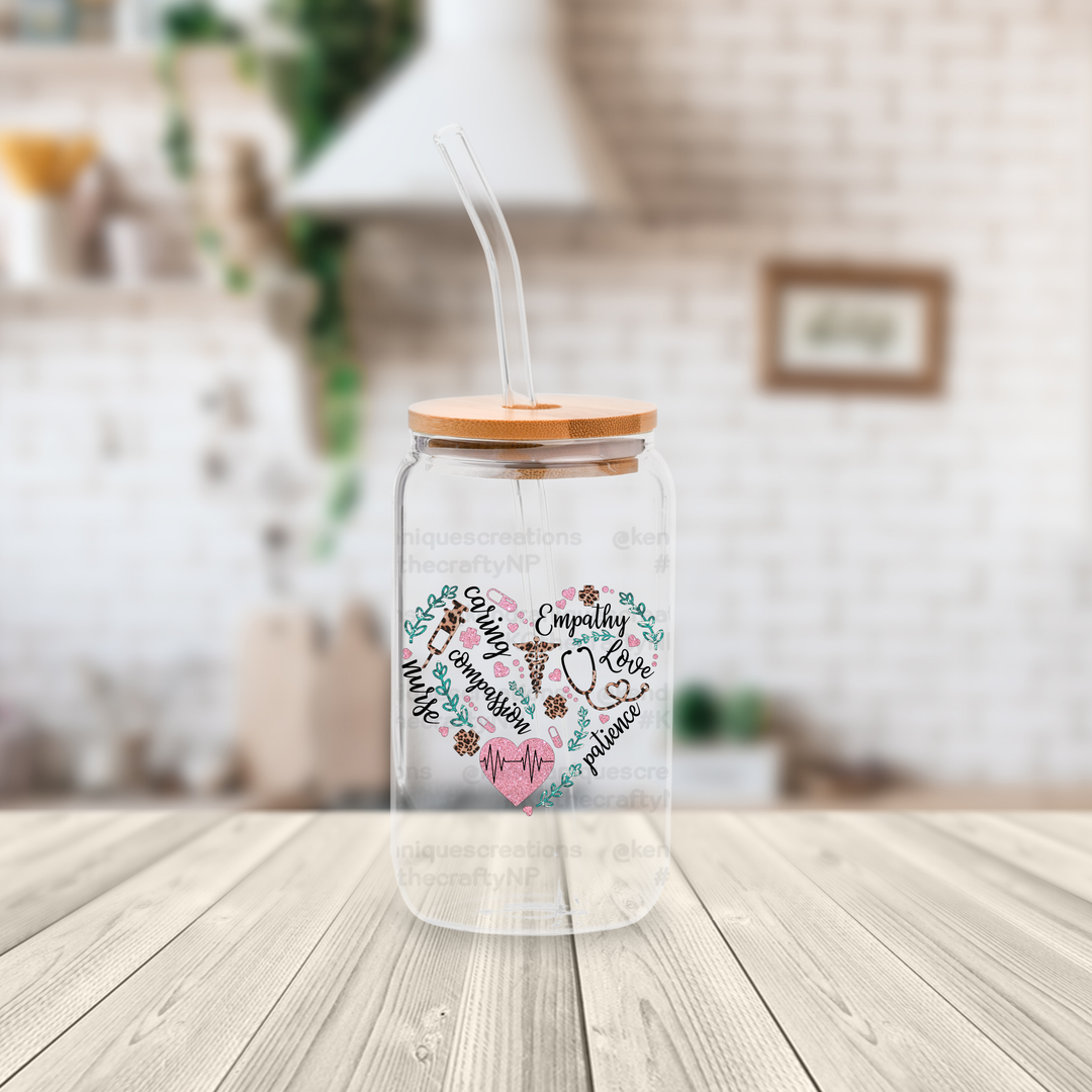 16 oz glass can with bamboo lid and straw-Nurse Affirmations Heart