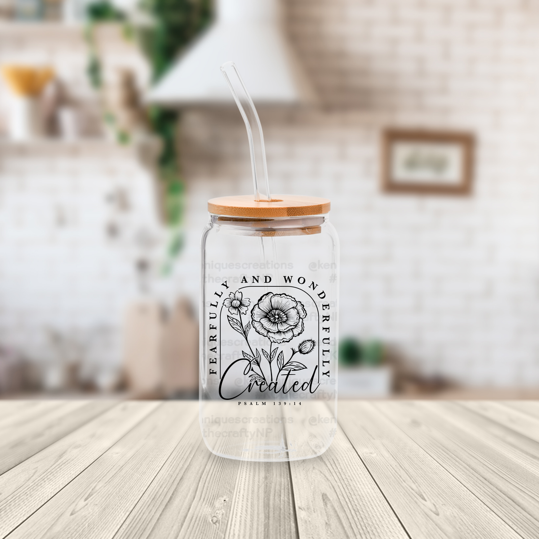 16 oz glass can with bamboo lid and straw-Fearfully and wonderfully created (black)