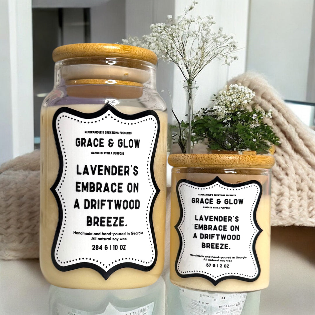 Grace & Glow: Lavender's Embrace on a driftwood breeze