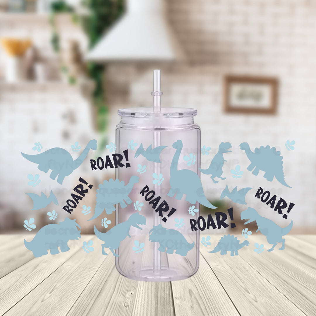 16 oz BPA free plastic can with acrylic lid and straw-Dino Roar