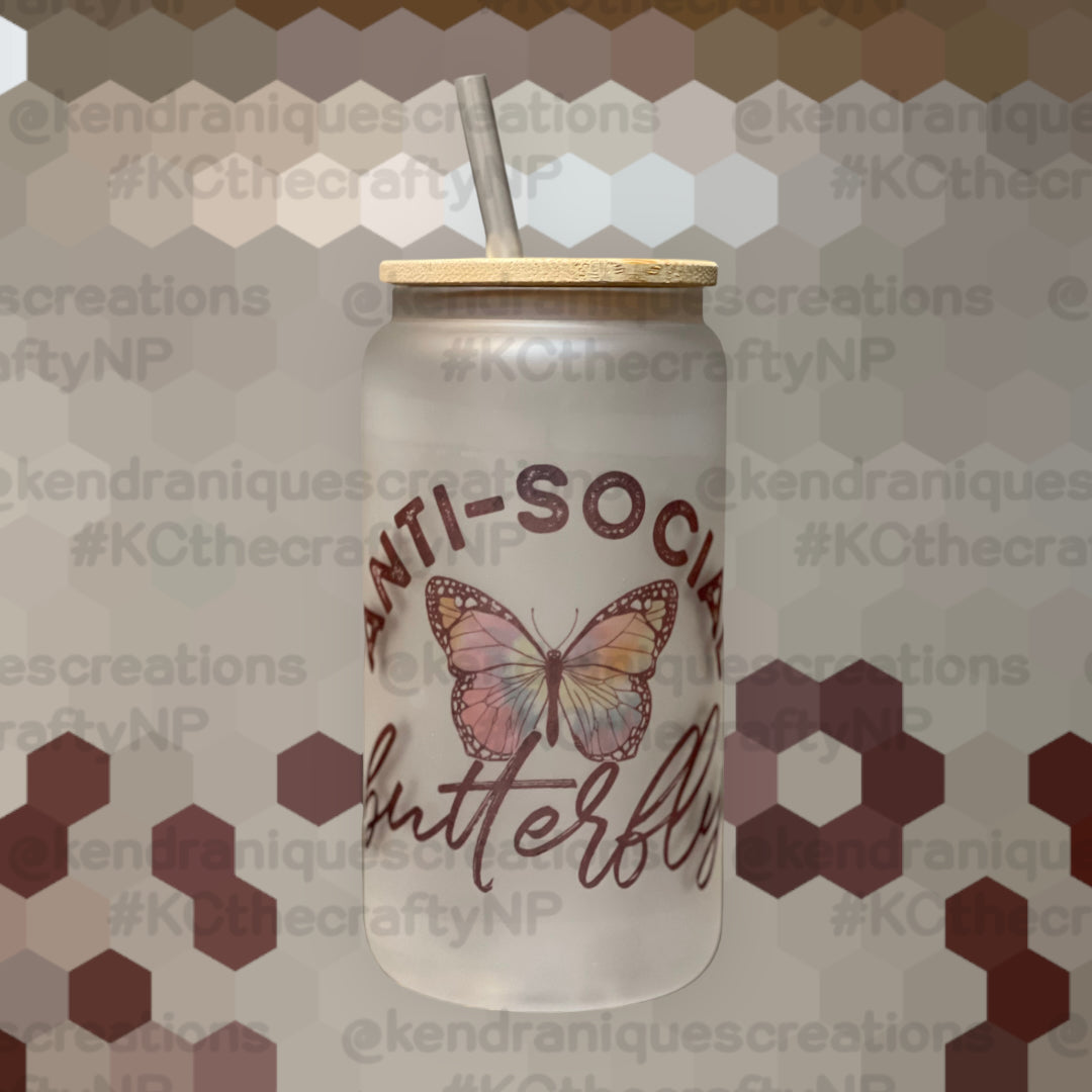 16 oz Sublimated antisocial butterfly glass can with bamboo lid and straw