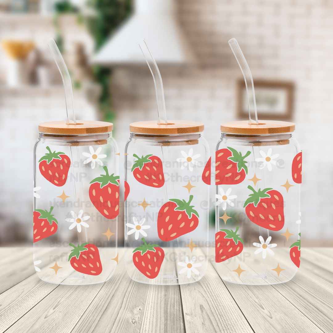 16 oz glass can with bamboo lid and straw-Strawberry