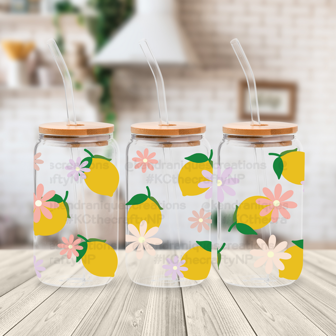 16 oz glass can with bamboo lid and straw-Lemon