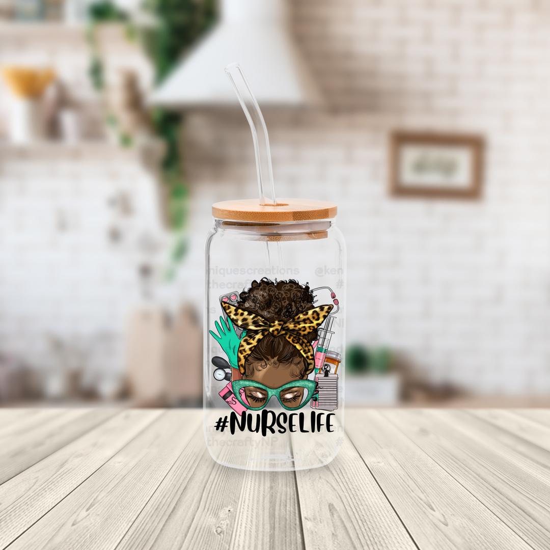 16 oz glass can with bamboo lid and straw-#Nurselife