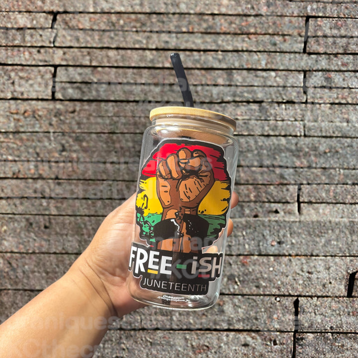 16 oz Juneteenth, Freeish Glass Can with bamboo lid and straw (clear)