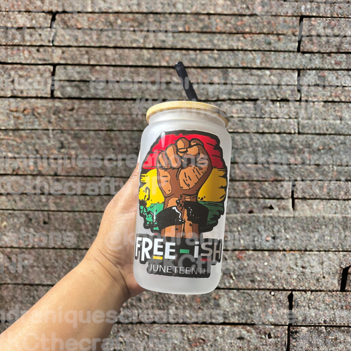 16 oz Juneteenth, Freeish Glass Can with bamboo lid and straw (clear)