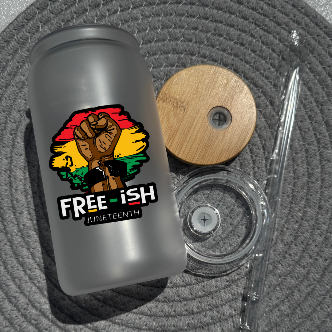 16 oz Juneteenth, Freeish Glass Can with bamboo lid and straw (clear)