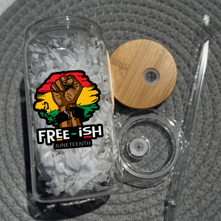 16 oz Juneteenth, Freeish Glass Can with bamboo lid and straw (clear)