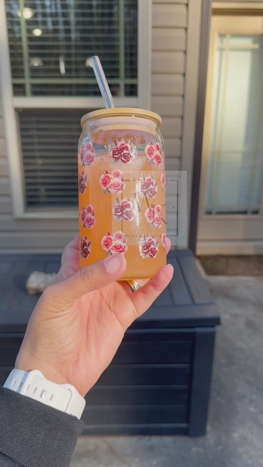 16 oz Dishwasher safe glass can with bamboo lid and glass straw-Rosie